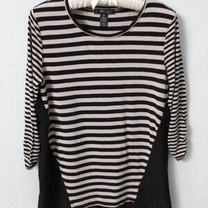 Style & Co Petite black tan striped rayon blend 3/4 sleeve knit top *Sz PM*
